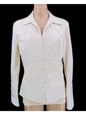Kay Unger Beige Stretch Blazer 12 V Neck Collar Pleated Ribbon Trim Waist Flared